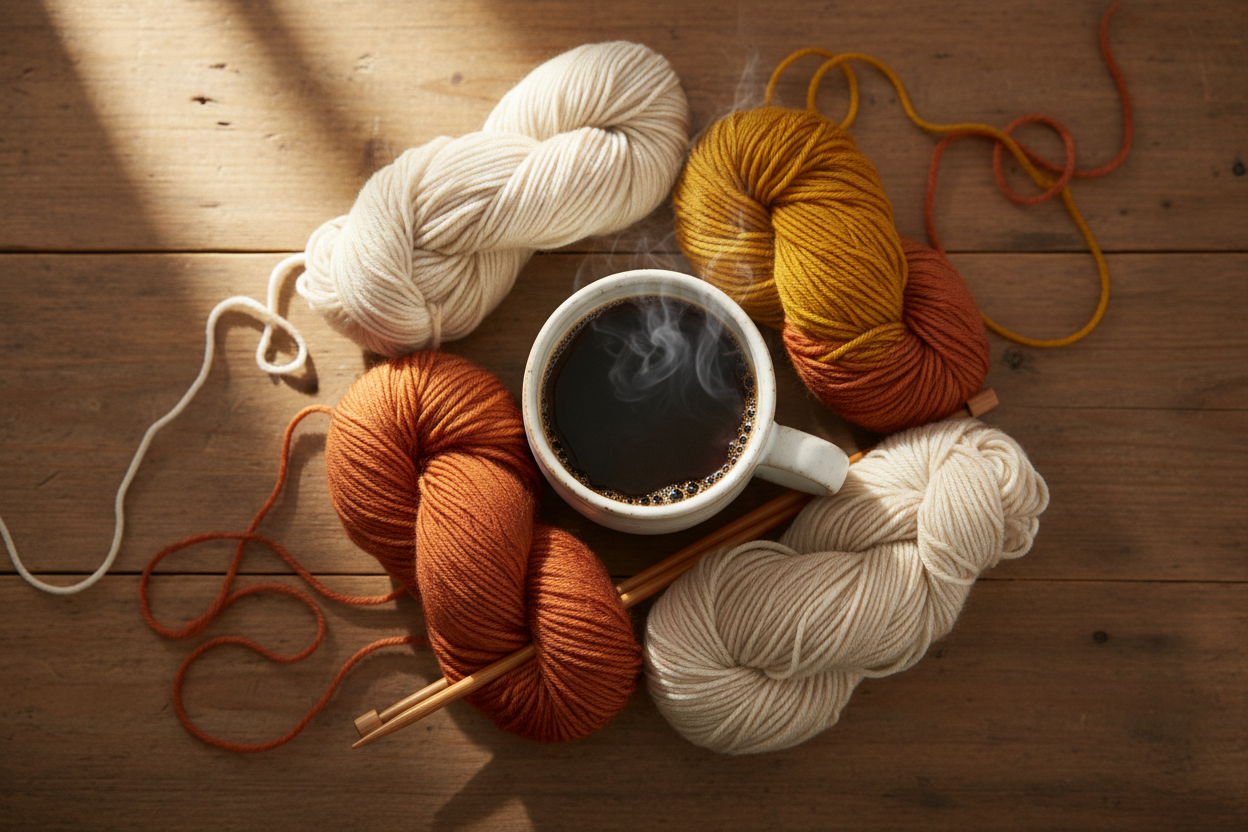 Generame una imagen cenital de una mesa de madera con una taza de café, y unas madejas de lanas. Dale un toque acogedor y calido.